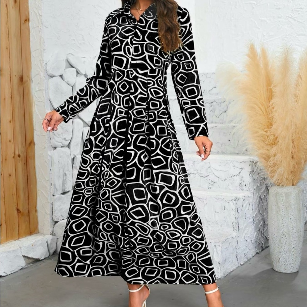 Women's All Over Print Plicated Long Sleeve Shirt Dress, Dress for Women,